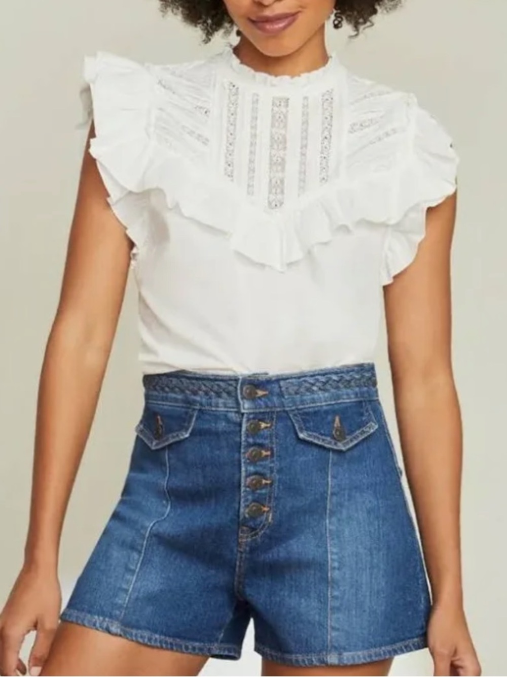 Veronica Beard Tamsyn White Ruffled Lace Yoke Cap Sleeve Top